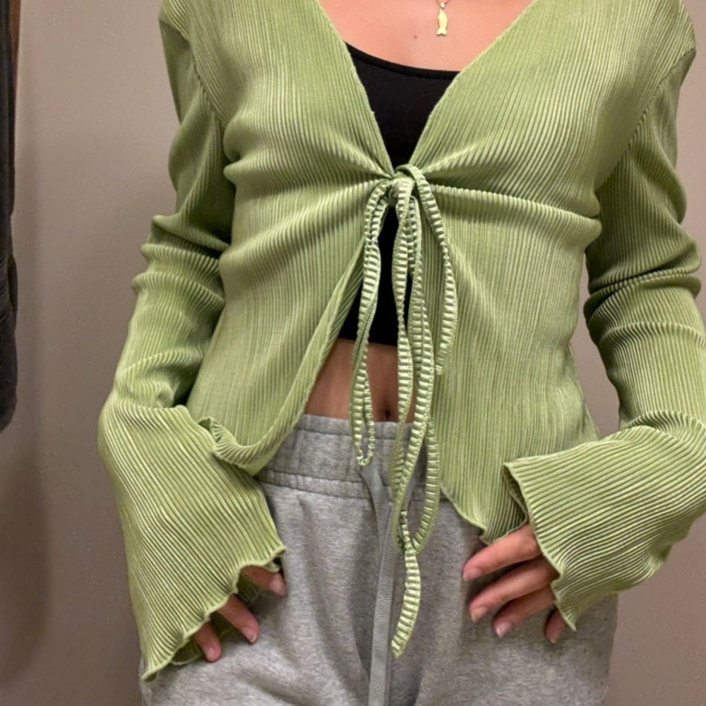 Green Tie-Front Ribbed Top